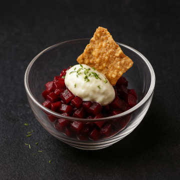 Beetroot Tartare with Horseradish Cream and Chickpea Crackers